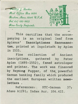 Leaf from Inscriptiones Sacrosanctae