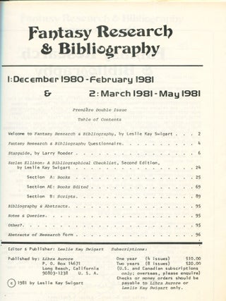 Fantasy Research and Bibliography; 1. December 1980 - February 1981; 2. March 1981 - May 1981