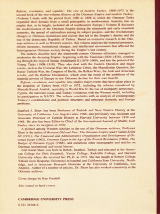History of the Ottoman Empire and Modern Turkey; volume II: reform, revolution, and republic: the rise of modern Turkey, 1808-1975