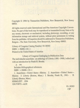 The Individualist Anarchists; an anthology of liberty (1881-1908)